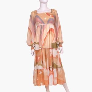 NWOT AURA Retro Starburst Long-Sleeve Tiered Midi Dress (Orange/Peach | Size XS)